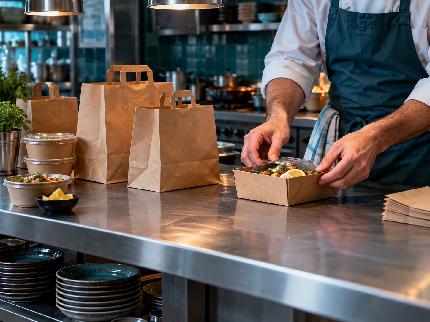 Restoranın servis tezgâhında paket sipariş hazırlığı